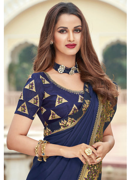 Navy Blue Embroidered Georgette Saree Stylemantra 7712
