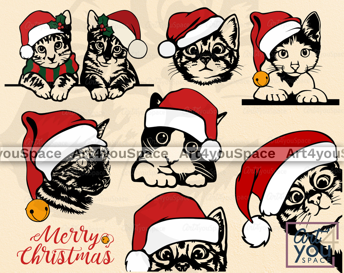 Christmas Cat SVG PNG DXF Clipart, Cricut, Cat Santa Hat, Vector, Came