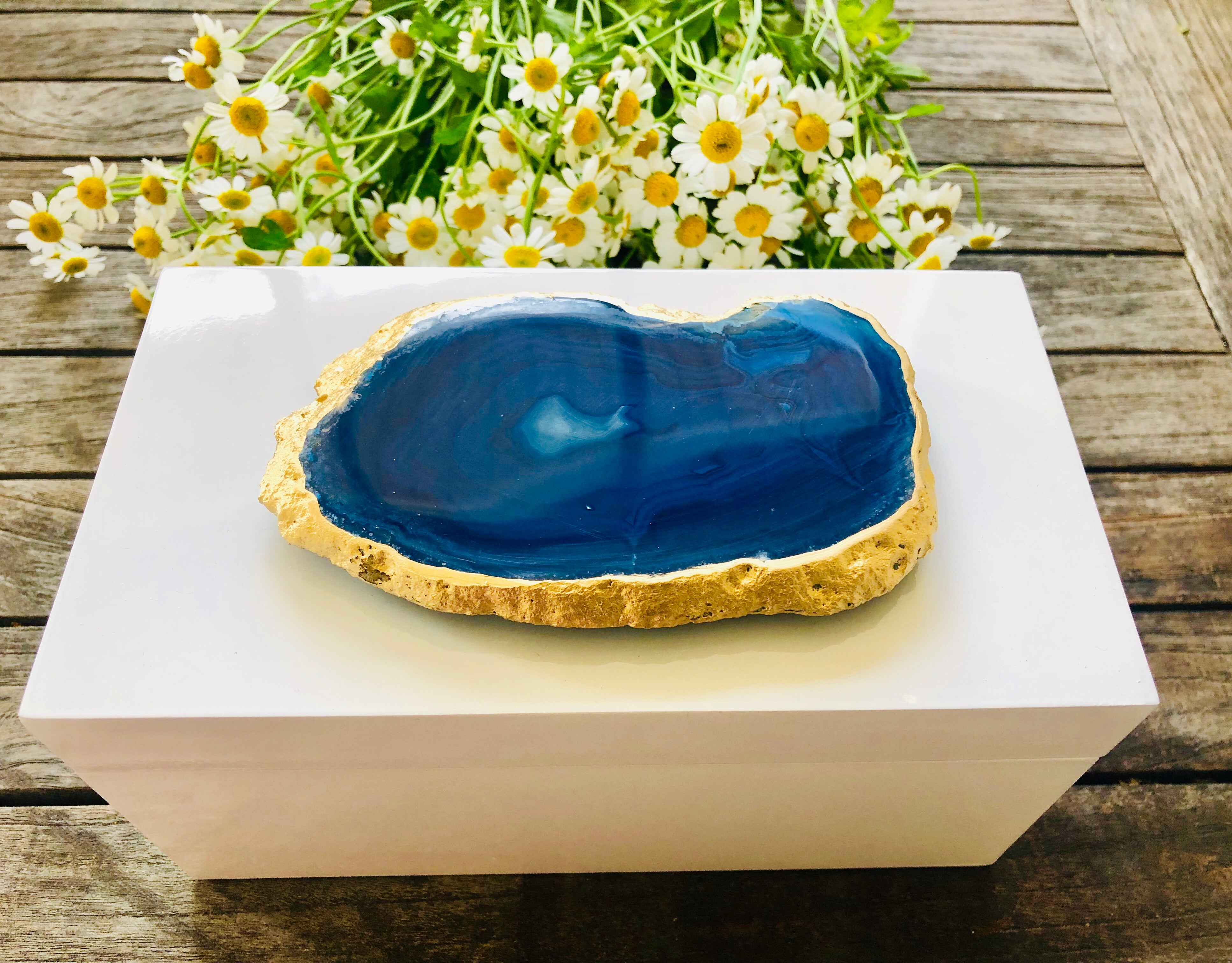 Large White Lacquer Box with Blue Agate