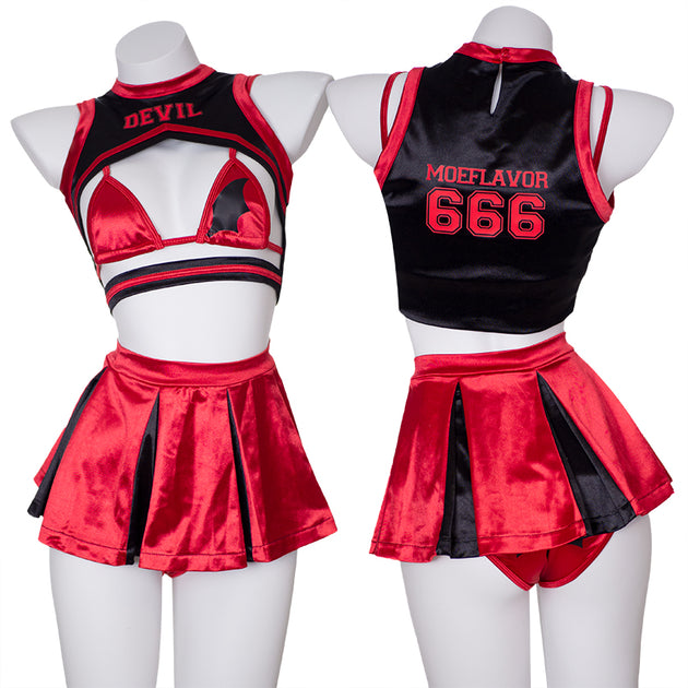 Japanese Harajuku Summer Rave Outfit Black Red Devil 666 Cheerleader Swimsu...