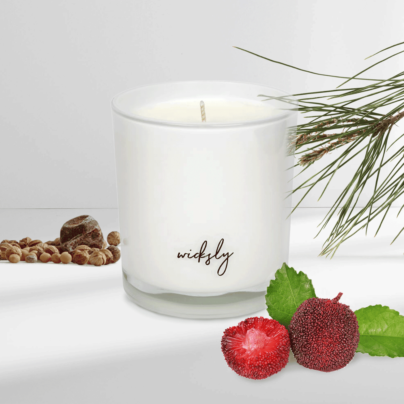 Bayberry Scented 10 oz White Soy Wax Candle in White Milk Glass Jar with Wicksly Logo