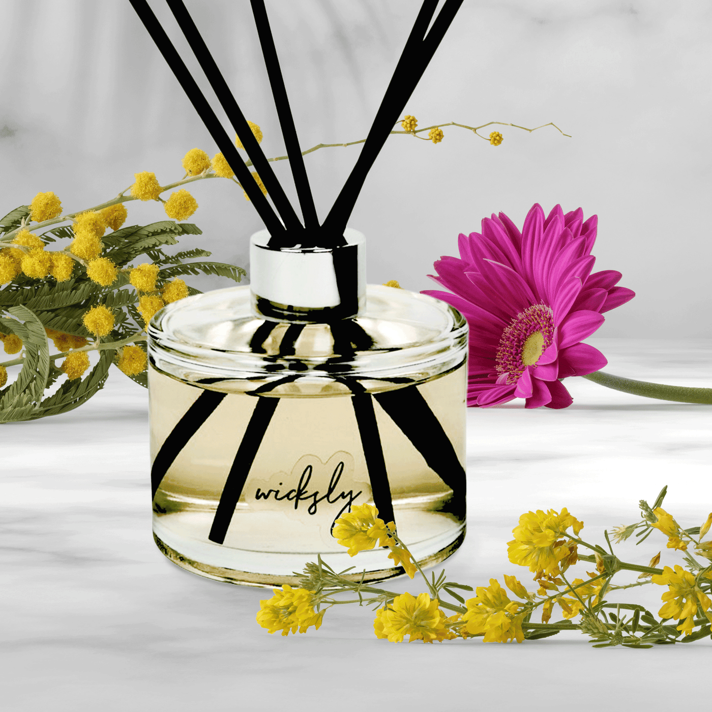 Tomacco Scented round 250 ml Reed Diffuser in clear glass with Wicksly Logo, silver collar, and 5 black reeds
