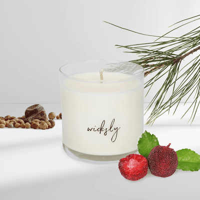 Bayberry Scented 5 oz Soy White Wax Candle in Clear Glass Jar with Wicksly Logo
