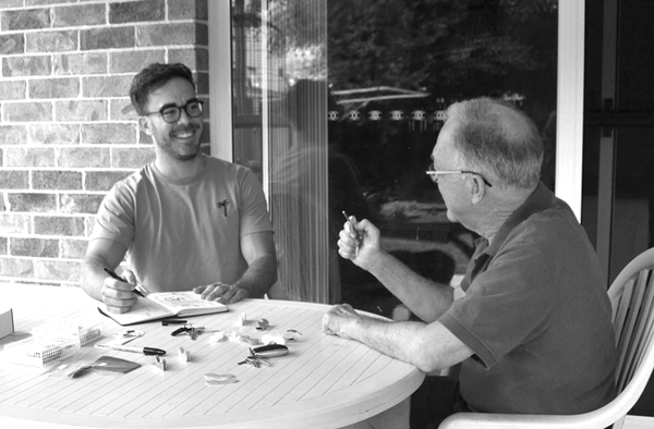 Geoff and his father designing and testing prototypes of the Keywing key turner.