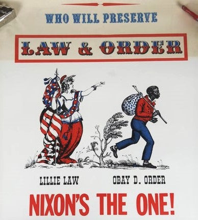 Racist election propoganda from 1968, featuring a white lady liberty, titled "Lilly Law" directing a Black Man labeled "Obay D. Order" to travel off-page. The tropes are clear. White women representing, (but not actually possessing) legal power, white person in control of a Black person's actions or location, and a Black man labeled with obedience. These are the "Make America Great Again" of the 60s.