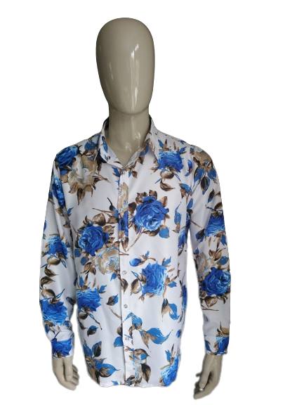 Beeldhouwwerk regeren Sluimeren Vintage overhemd. Blauw Bruin gebloemd. Maat XL. | EcoGents