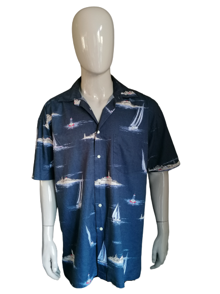 Nautica vintage hawaii overhemd korte mouw. Zeil jacht print. Blauw. Maat XXL / 2XL | EcoGents