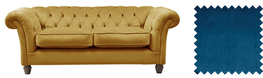 Gold velvet sofa with navy blue