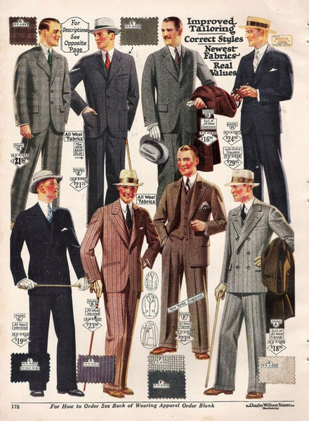 pinstripe suits, cream colored accessories, hats, high waist lines, baggier pants