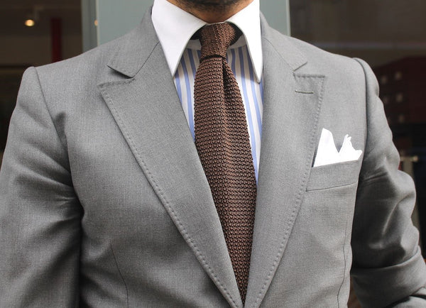 Grey Suit & Brown Knit Tie