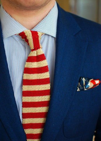 Knitted Striped Red and Gold Tie with Blue Striped Shirt and Blue Blazer