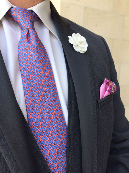 Coral & Blue Printed Silk Tie