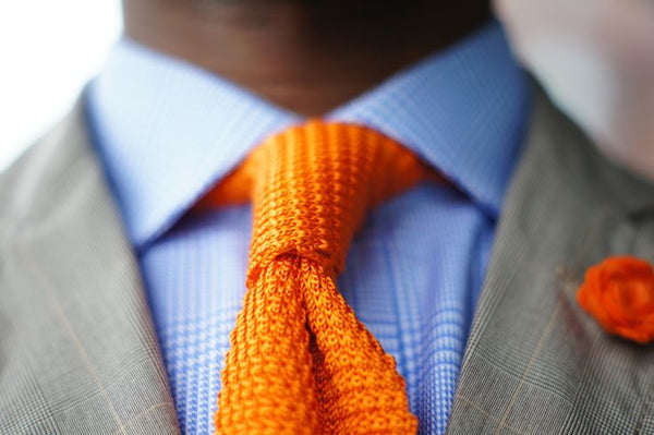 Orange Knit Tie Blue Shirt