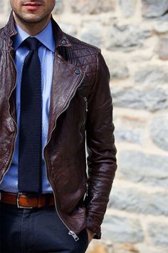 Leather Jacket with Knitted Tie