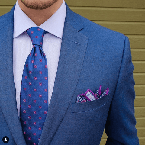 Blue Foulard Silk Tie & Purple Linen Pocket Square