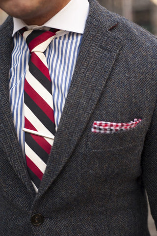 Striped Tie with Striped Shirt and Herringbone Tweed Blazer