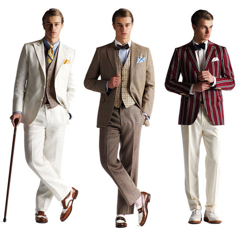 Two toned brogues, high peak waistcoats, high pant waistlines, exposed socks, ties and pocket squares 