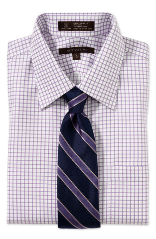 small purple graph checkered shirt with striped tie