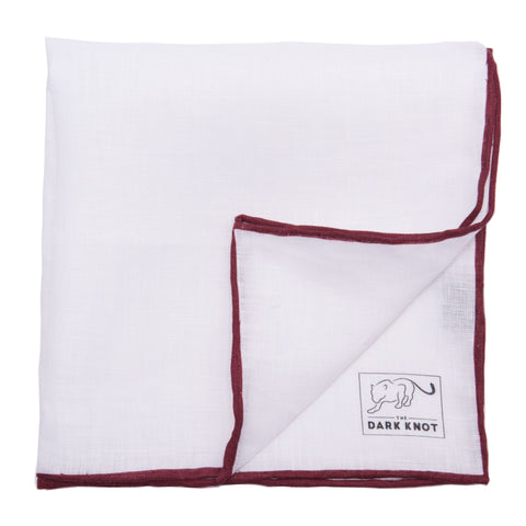 White Linen Pocket Square with Burgundy Hand Rolled Edges