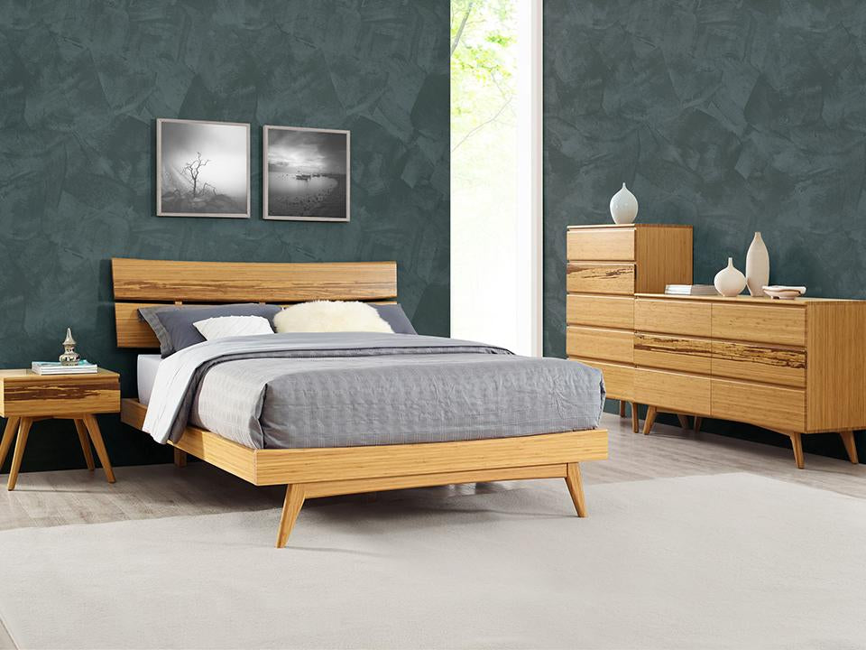 Greenington's Modern and Sustainable Azara Queen Solid Bamboo Platform Bed in Caramelized Finish with Exotic Tiger Accent
