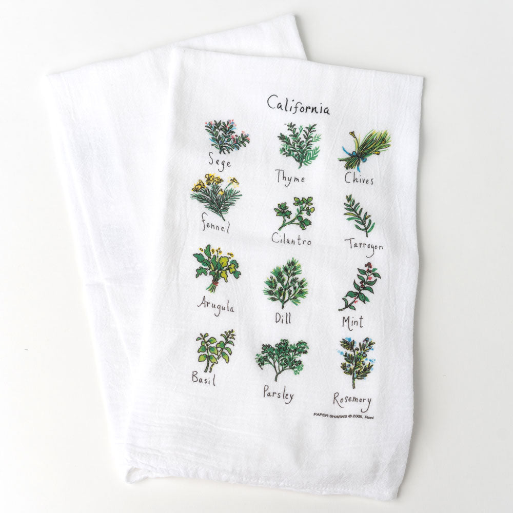 White towel with 12 different illustrations of herbs on it