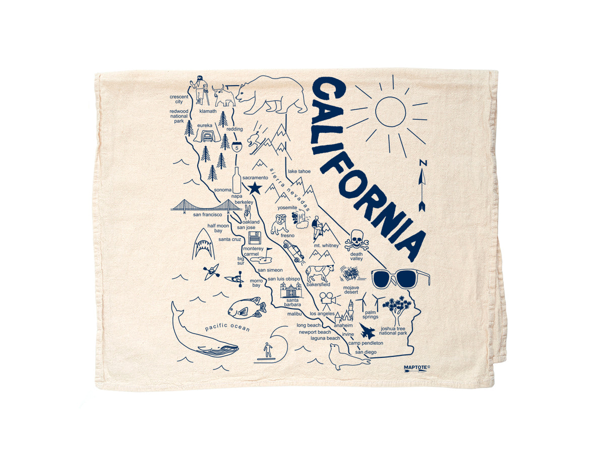 Cream colored towel with a map of California's major cities with logos