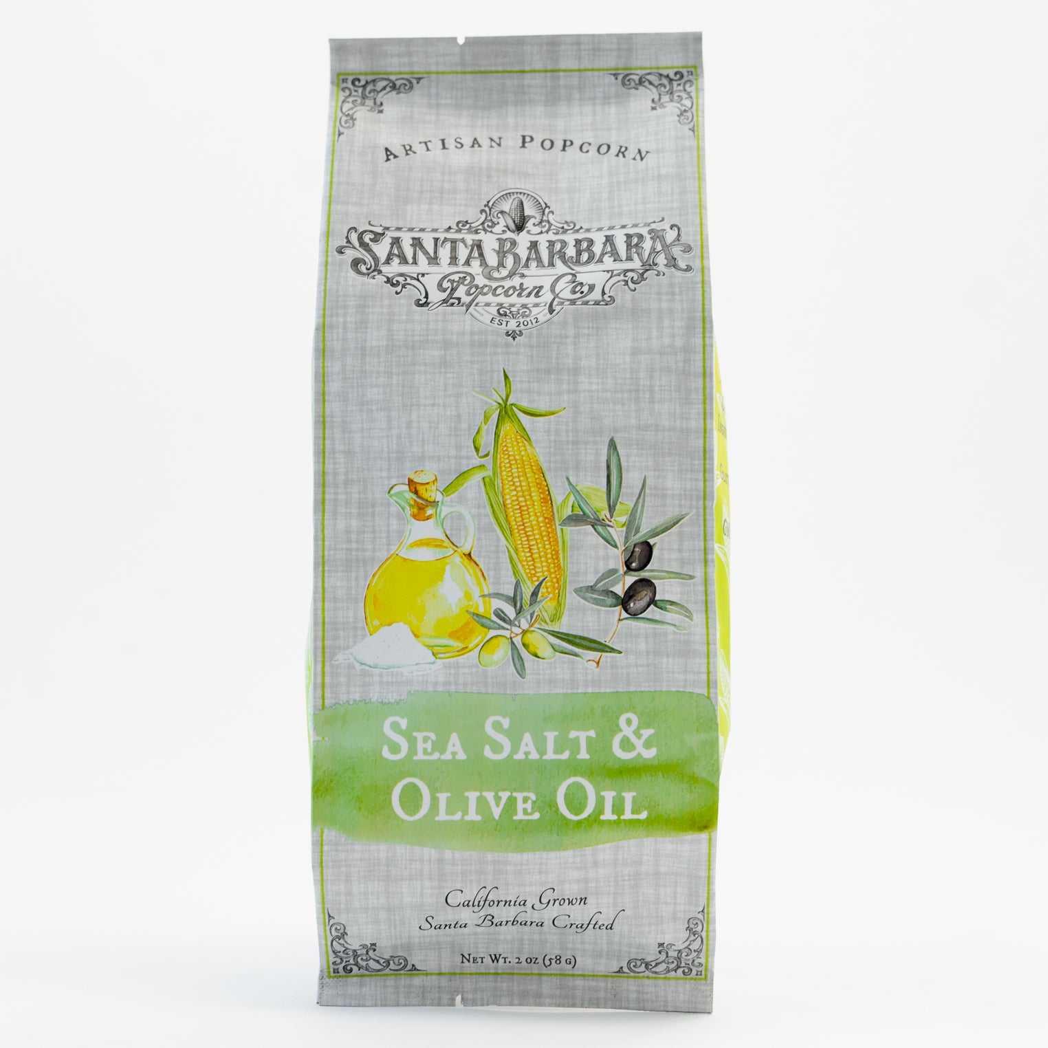 A bag of sea salt and olive oil popcorn with a drawing of corn, olives and oil