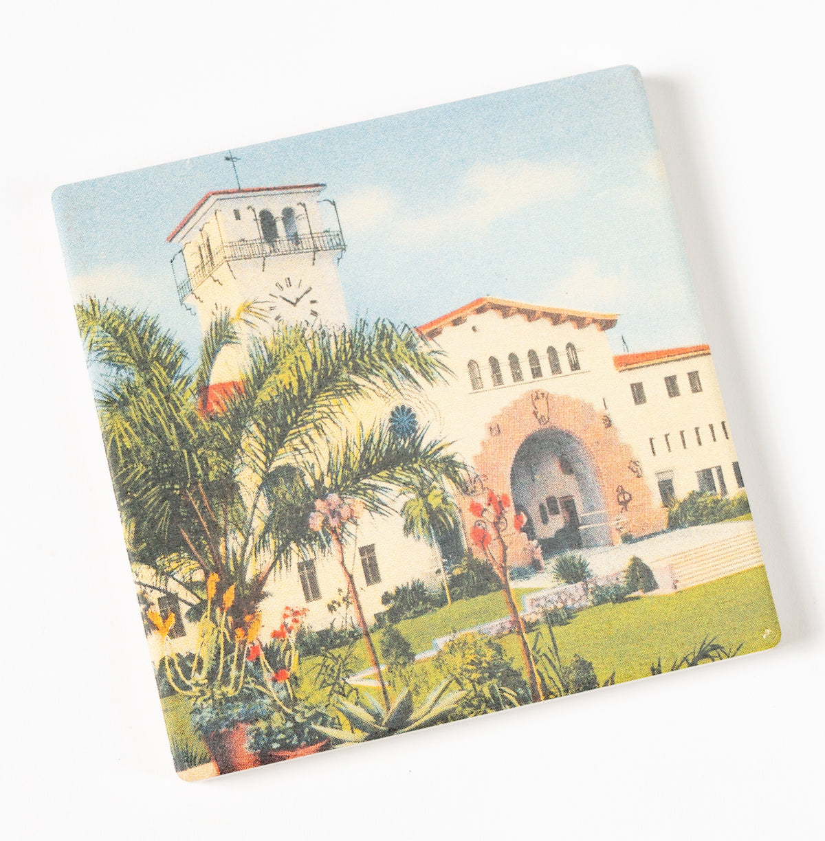 Ceramic coaster with vintage style image of the Santa Barbara Courthouse