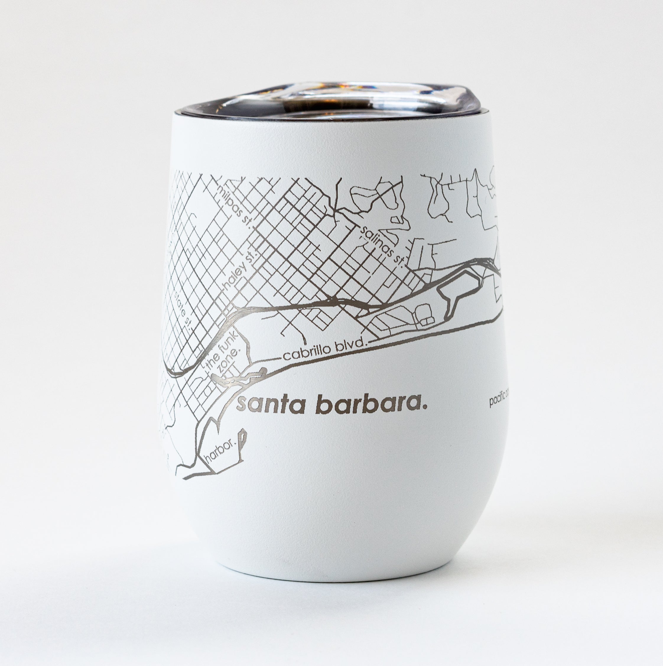 White insulated tumbler with map of Santa Barbara