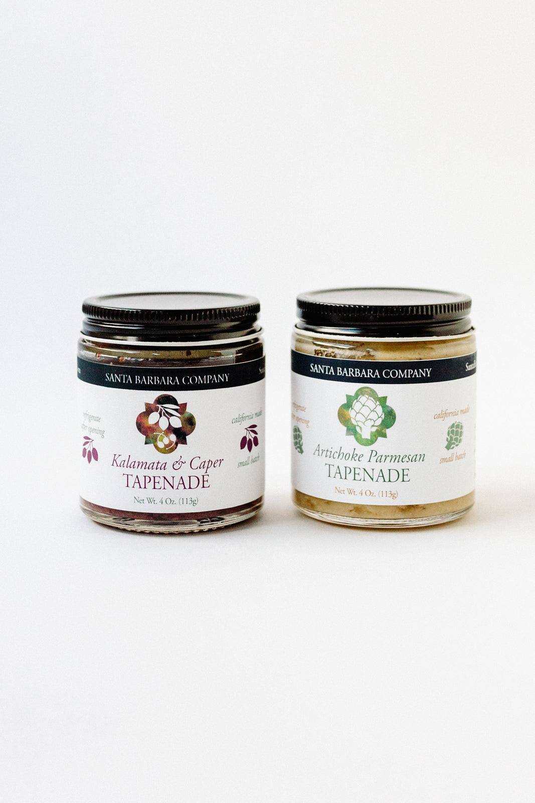 one small glass jar of artichoke parmesan tapenade and one small glass jar of olive tapenade
