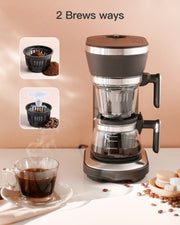 研磨和冲泡自动正版bbin直营平台单杯正版bbin直营平台，一个12盎司的玻璃咖啡壶和内置的咖啡研磨机