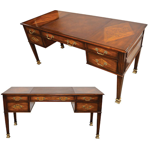Ornate Burl Wood Desk With Brown Leather Insert