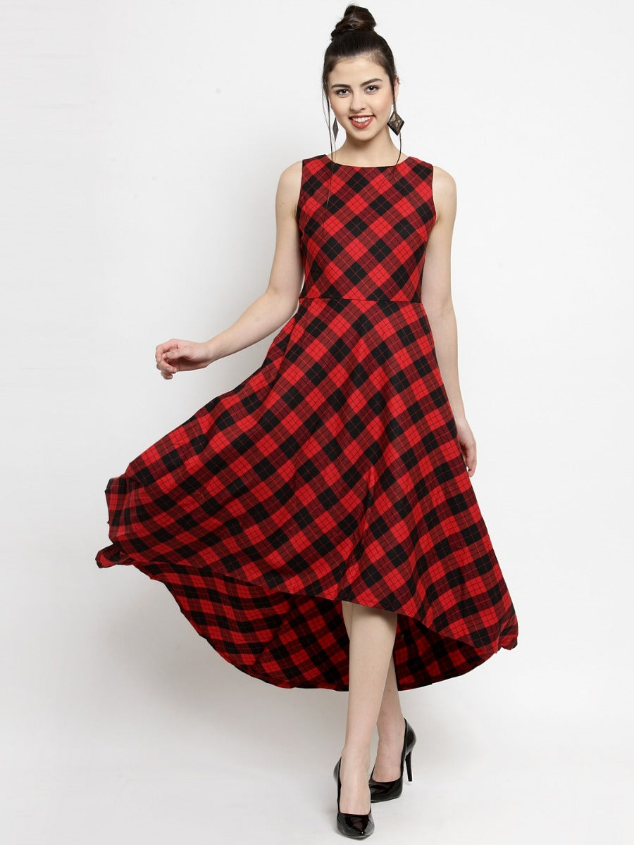 Buy Women Checked Red Round Neck Dress - Global Republic