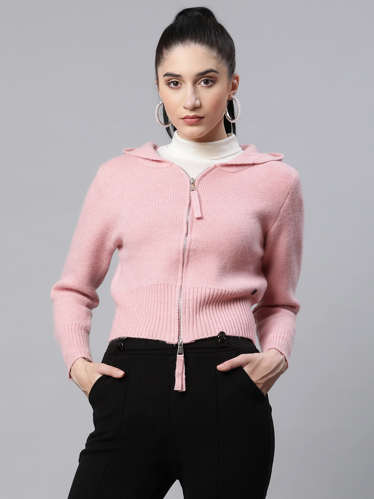 Women Solid Blush Pink Fleece Regular Fit Casual Pullover