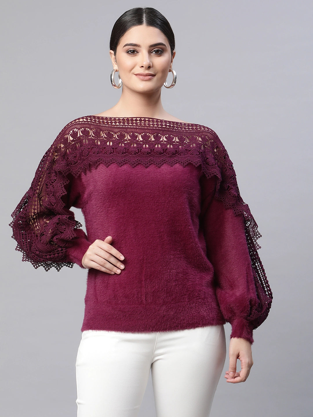 Women Round Neck Ribbed Hem Full Sleeves Plum Solid Regular Fit Knitte