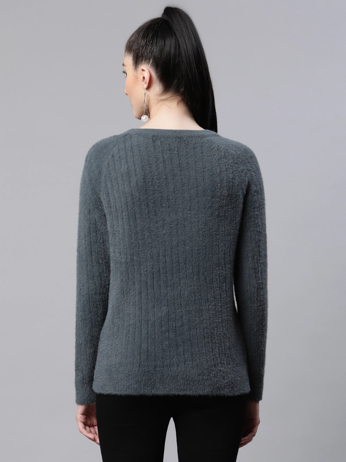 Women Pile knit Grey Woolen Regular Fit Casual Pullover