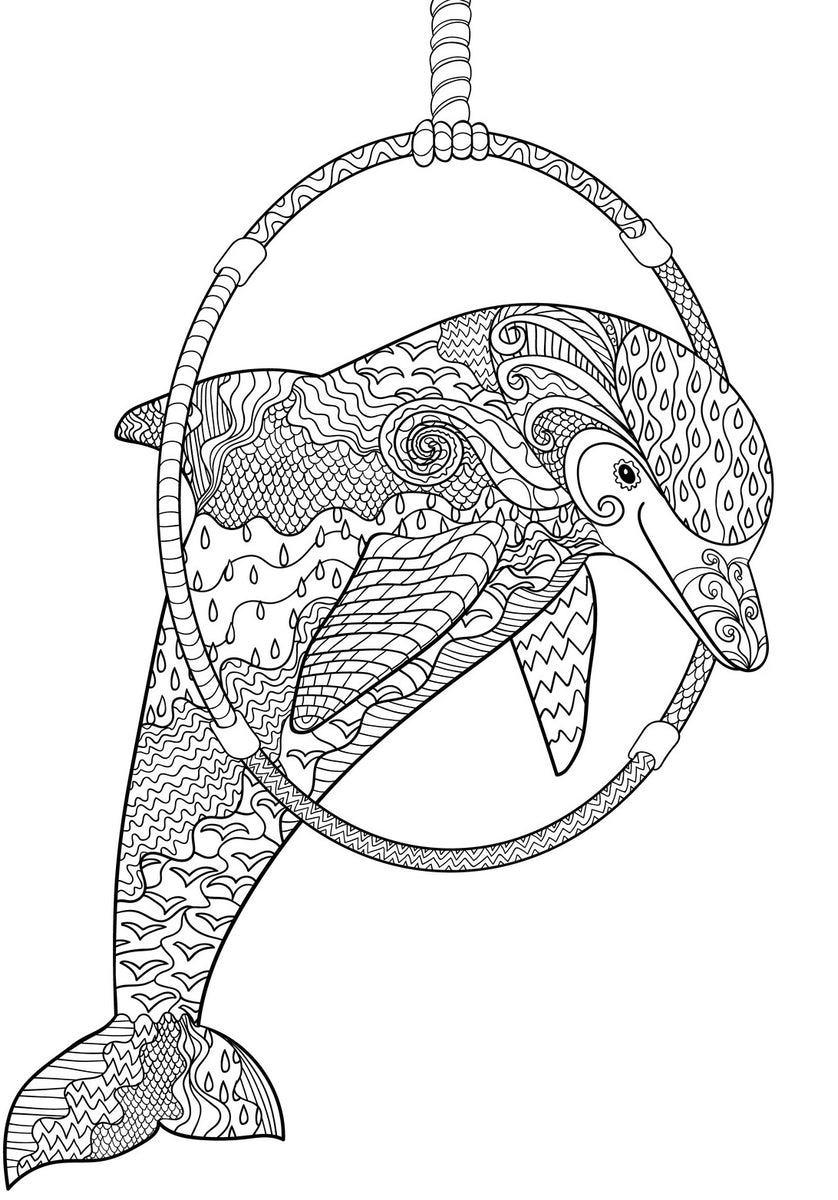Dolphins, PDF Coloring Book -Relaxing Patterns With Playful Dolphins