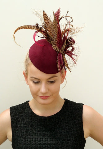 burgundy feathered felt hat for Autumn racing 2016 by sassy millinery 