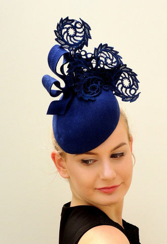 deep blue felt and lace schroll hat for Autumn racing 2016 by Sassy millinery