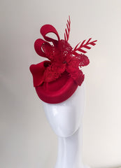 red felt hat with lace flowe detail