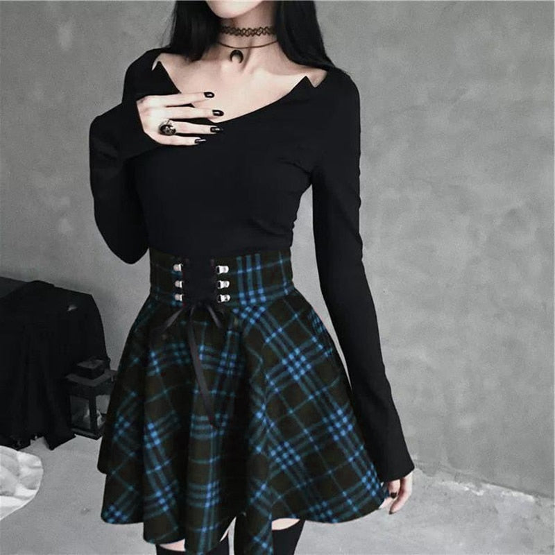 Gothic Plaid Mini Skirt Women Vintage Lace Up High Waist Draped A-line –  buivanphong