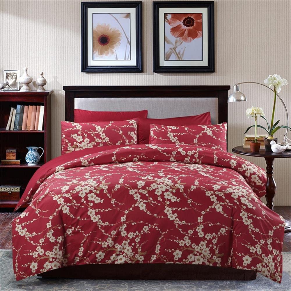 Eikei Japanese Oriental Style Cherry Red Blossom Floral Branches Print Duvet Quilt Cover 300tc Cotton Bedding 3 Piece Set King, Charcoal 