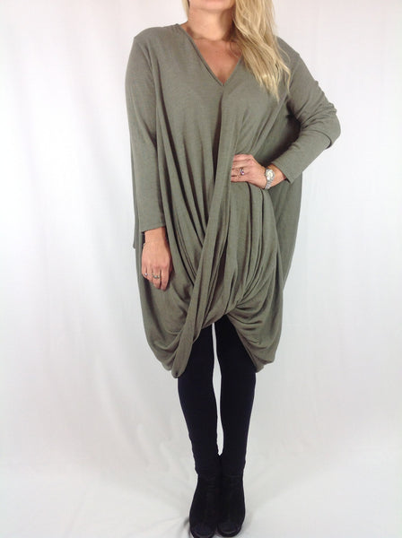 New Season Quirky Lagenlook Knitwear V-Neck Cross over Dress top. Khaki