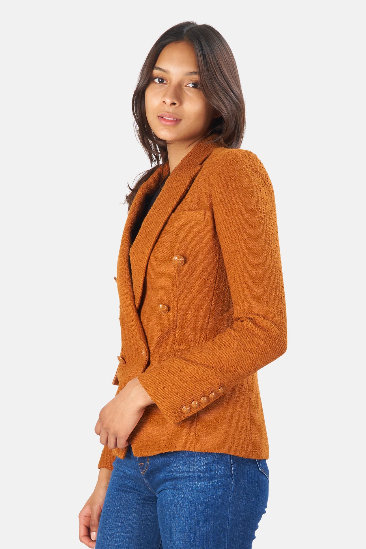 Kenzie Double-Breasted Tweed Blazer Dark Caramel – blueandcream