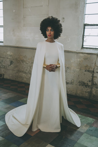 Solange wearing custom Lady Grey Jewelry cuffs at her wedding by Jill Martinelli and Sabine Le Guyader