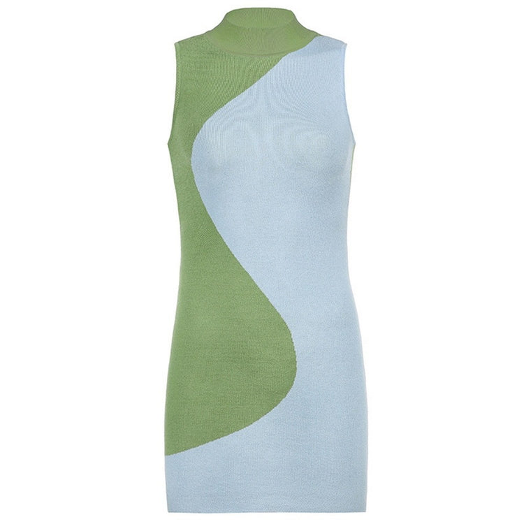 Knit Bodycon Dress Women Sleeveless 2021 Summer Beach Turtleneck Print Patchwork Sexy Party Mini Dresses 90S Holiday