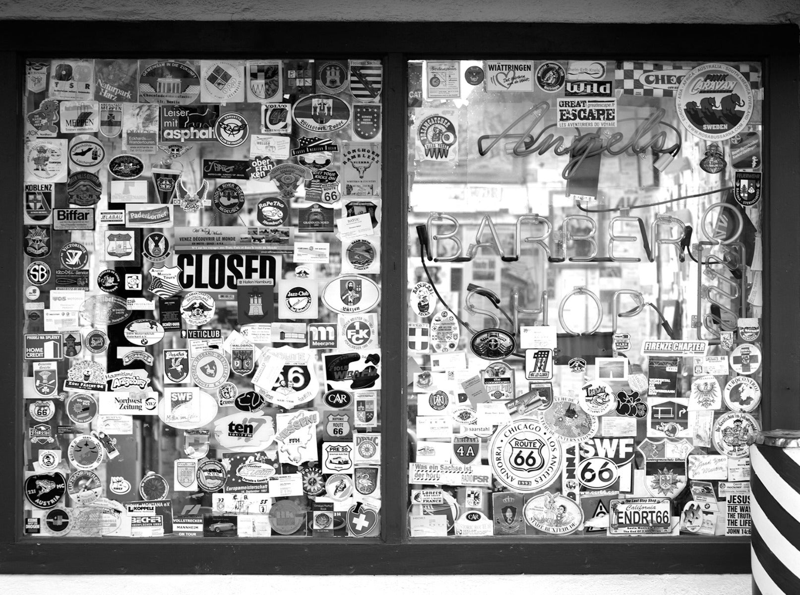 Window covered in stickers