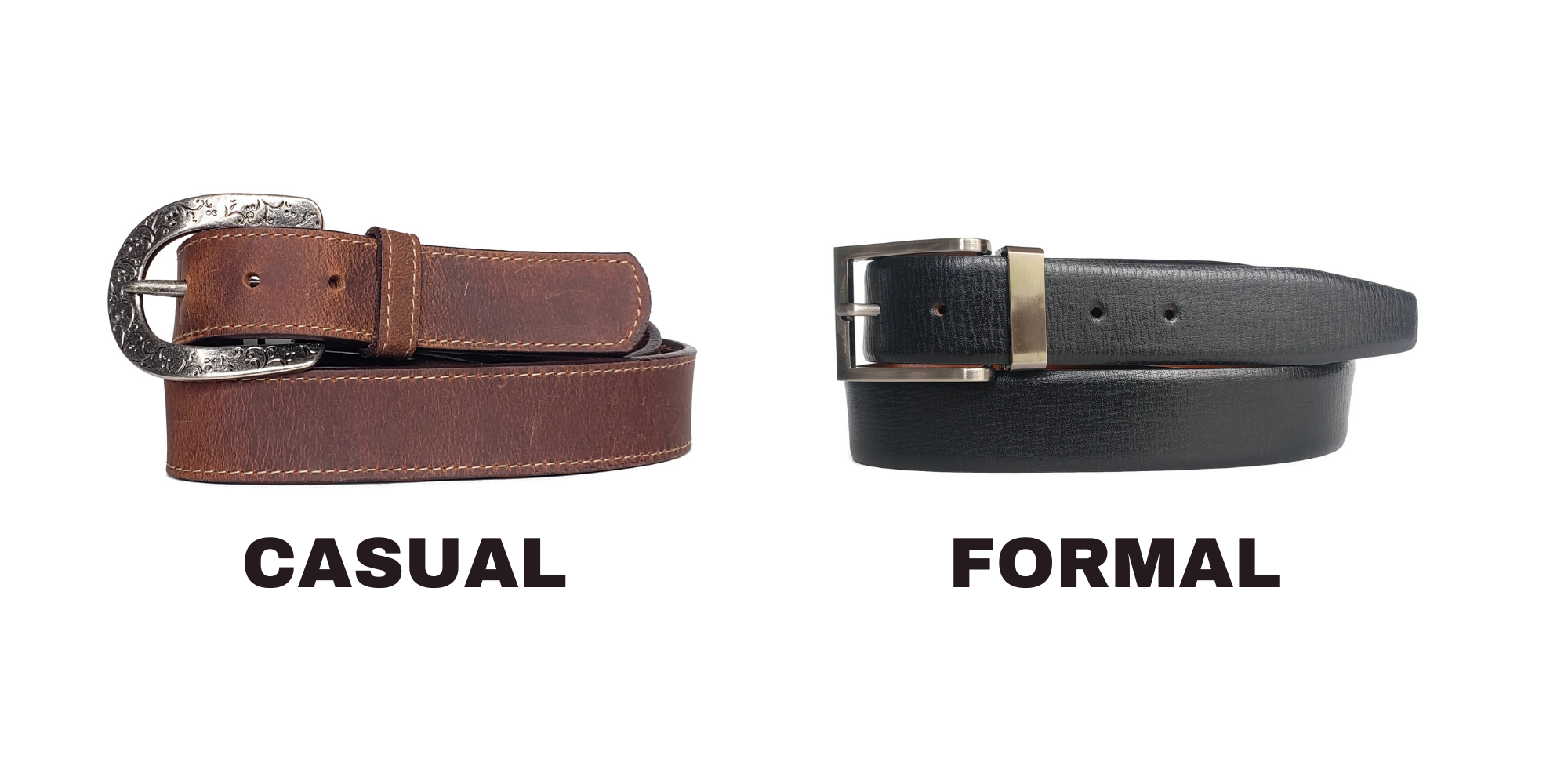 Casual leather belt being compared with formal leather belt.