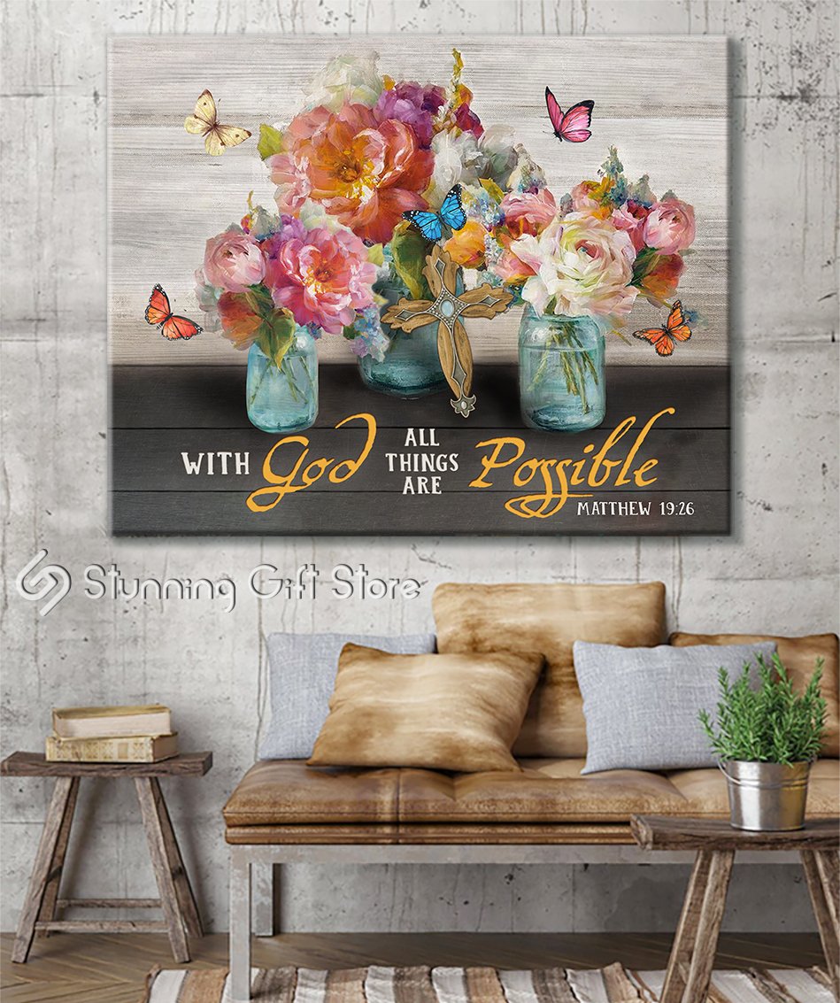 Stunning Gift Butterfly Mason Jar Canvas With God All Things Are Possi Stunning Gift Store