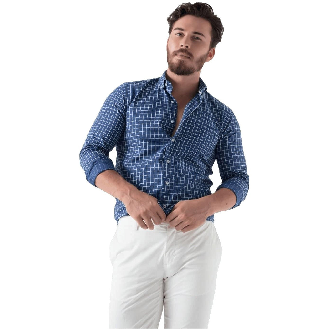 Inleg Hubert Hudson evolutie Web Blouse Overhemd Heren Blauw Geruit Slim Fit